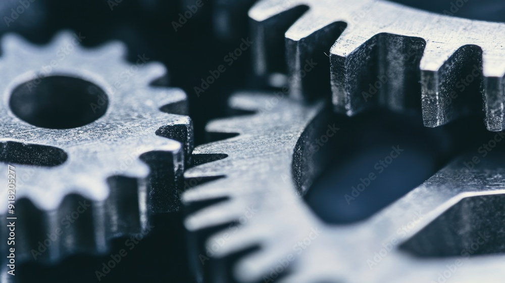 Poster interlocking metal gears display fine details of mechanics and engineering interactivity in a close-