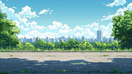 Fototapeta premium Flat asphalt cement ground in front, with a distant view of the city in a cartoon anime style.