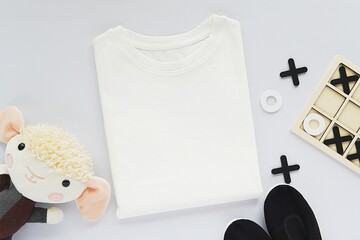 Folded white t-shirt mockup, school or kindergarten uniform, creative flat lay with kids shoes, toy and table games.	

