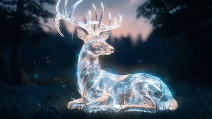 deer made of glass , hologram , glowing in a forest , sitting