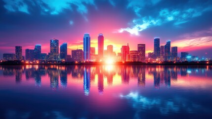 Fototapeta premium Vibrant City Skyline at Sunset Reflection