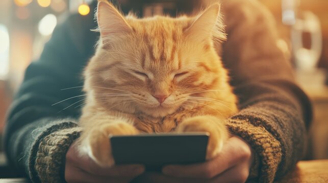 An artisan shop owner processes a credit card payment while a cat sits nearby, seemingly engaged with a smartphone