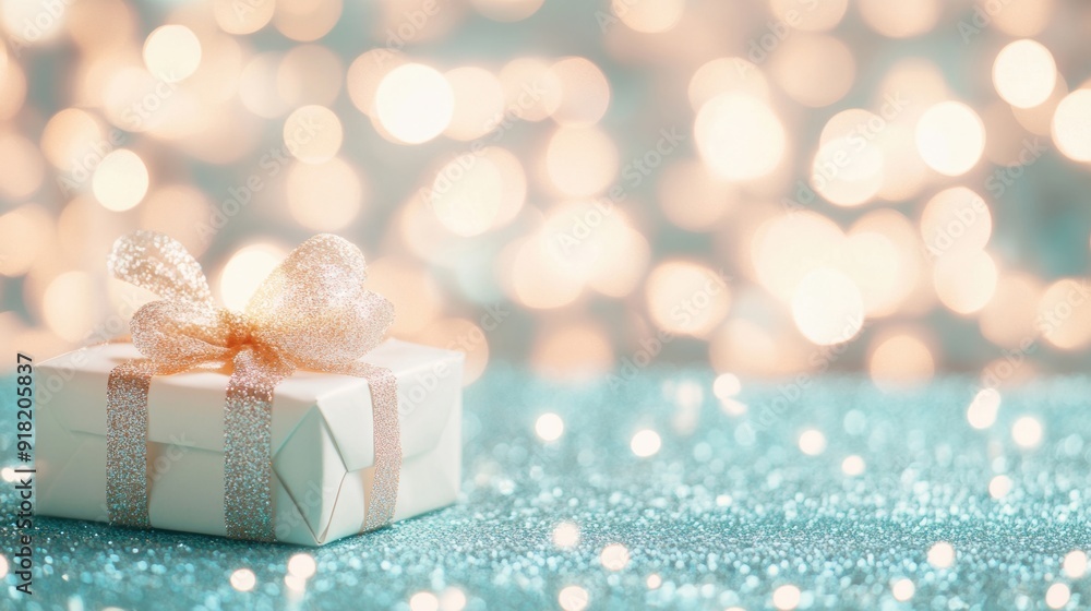 Aufkleber a decorative gift sits on a sparkling surface, illuminated by soft bokeh lights in the background