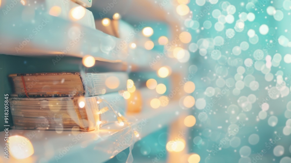 Poster soft glowing lights illuminate books on the shelves, creating a warm and inviting atmosphere perfect