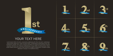 anniversary logotype set vector, golden color and blue ribbon for special day celebration