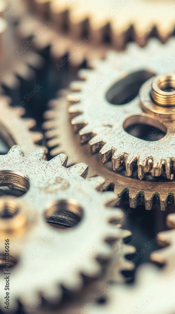 Poster metallic gears interlock and turn, highlighting precise engineering and mechanical movement in actio