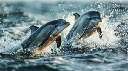 Obraz premium Two dolphins playing and splashing together over the water.