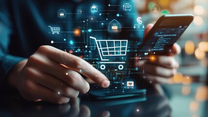 Online sales business technology concept. Digital online shopping. Digital marketing. Businessman touching growth graph and shopping cart icon on virtual screen. E-commerce marketing, Digital network 