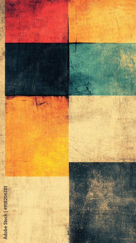 Poster colorful squares in various hues create an abstract geometric design on a textured surface