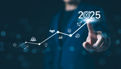 The 2025 new year business goals concept. Businessman touching increase arrow graph company future...