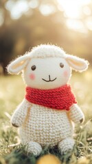 A cheerful toy sheep stands in a sunny meadow, wearing a red scarf and smiling brightly