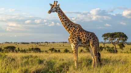 A giraffe standing in a grassy field during the day under clear skies.