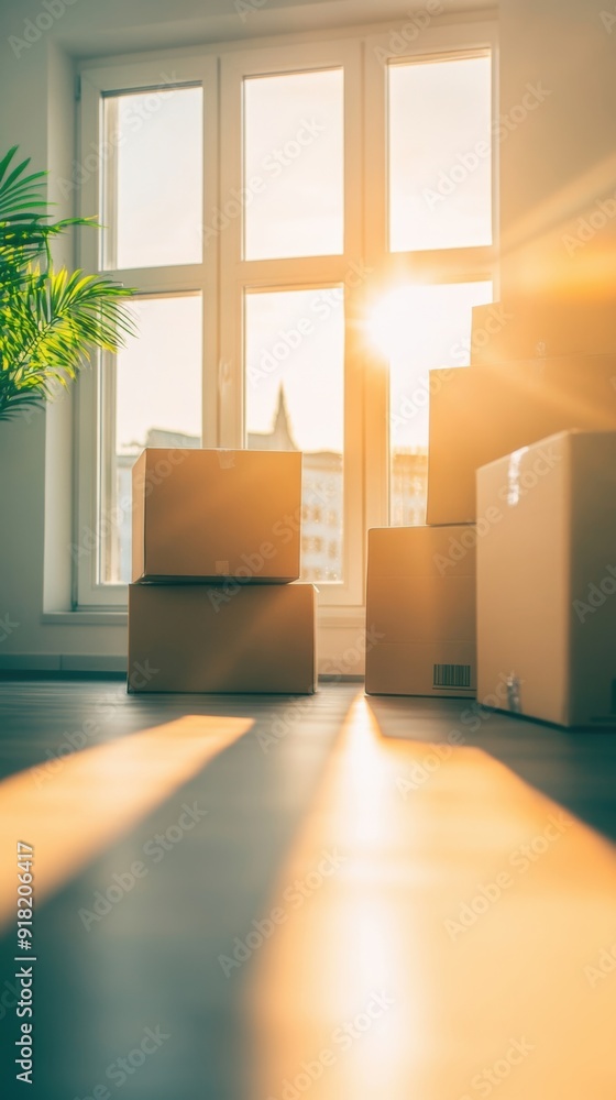 Poster sunlight pours into a bright room packed with moving boxes, creating a warm and inviting atmosphere