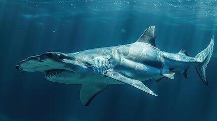 Fototapeta premium Three great white sharks, one of which is pregnant, are shown swimming underwater.