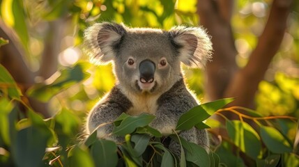 A baby koala sits on a branch, peeking out from the foliage.