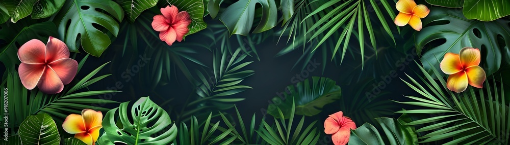 Poster tropical frame background with greenery and colorful flowers perfect for summer themes vector concep