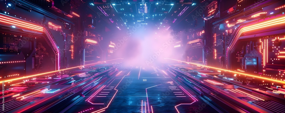 Poster futuristic frame with neon lights and high tech elements for sci fi inspired backgrounds and concept