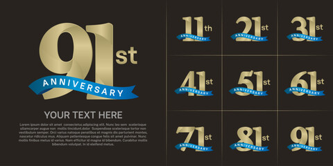 anniversary logotype set vector, golden color and blue ribbon for special day celebration
