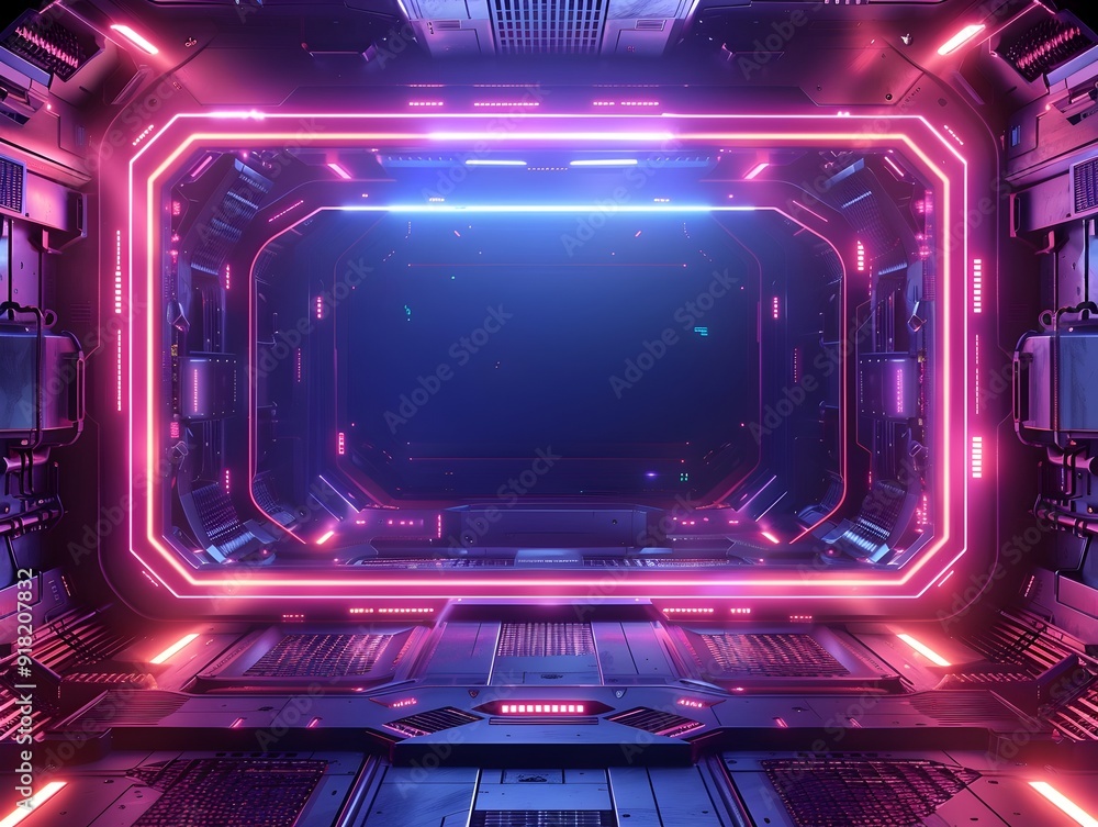 Poster futuristic frame with neon lights and high tech elements for sci fi and themes