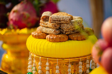 Food or vegetable or fruit offerings for the gods of Thailand culture.