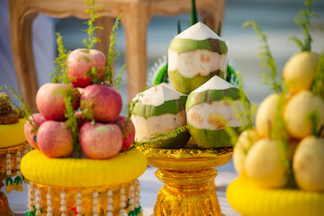 Food or vegetable or fruit offerings for the gods of Thailand culture.