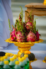 Food or vegetable or fruit offerings for the gods of Thailand culture.