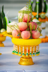 Food or vegetable or fruit offerings for the gods of Thailand culture.