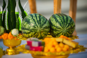 Food or vegetable or fruit offerings for the gods of Thailand culture.