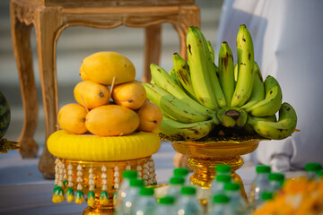 Food or vegetable or fruit offerings for the gods of Thailand culture.