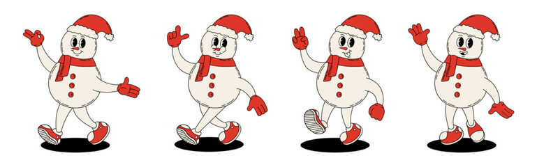 Groovy retro Christmas snowman. Christmas characters in groovy style.