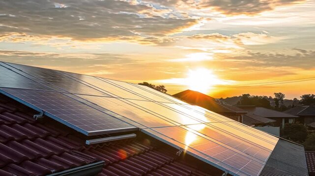 solar panels installed on residential home house with Tim lapse motion from sunrise to sunset for clean green energy and solar photovoltaic energy concepts