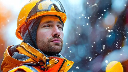 A worker in a helmet and waistcoat at a construction site gazes serenely at the softly falling snow and glowing city lights, capturing the essence of the season in an urban environment