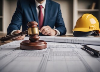 Labor and Construction law concept. judge gavel on building blueprint plans with a safety helmet and building model. Paper sheet with pen on wooden table. Agreement on construction law. home insurance
