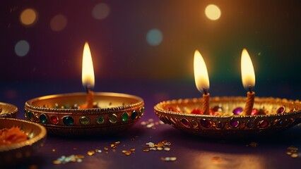 Indian festival Diwali, Diya oil lamps lit on colorful rangoli. Hindu traditional. Happy Deepavali. Copy space for text.