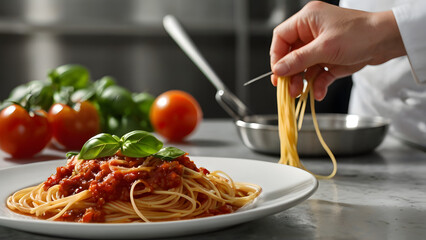 A plate of spaghetti with red sauce and basil leaves. A chef is reaching for the noodles. The plate is on a counter in a kitchen