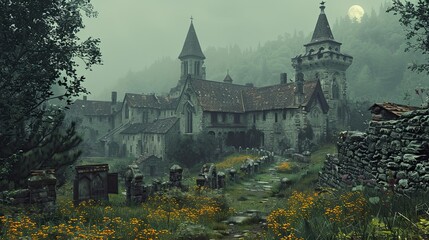Obraz premium A haunted medieval village in the French Pyrenees, with tales of Loup Garou and spectral troubadours haunting ancient stone chateaux under a silver moon