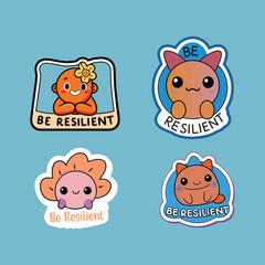 Cartoon images and trendy lettering decorate this cute sticker template, Vector illustration