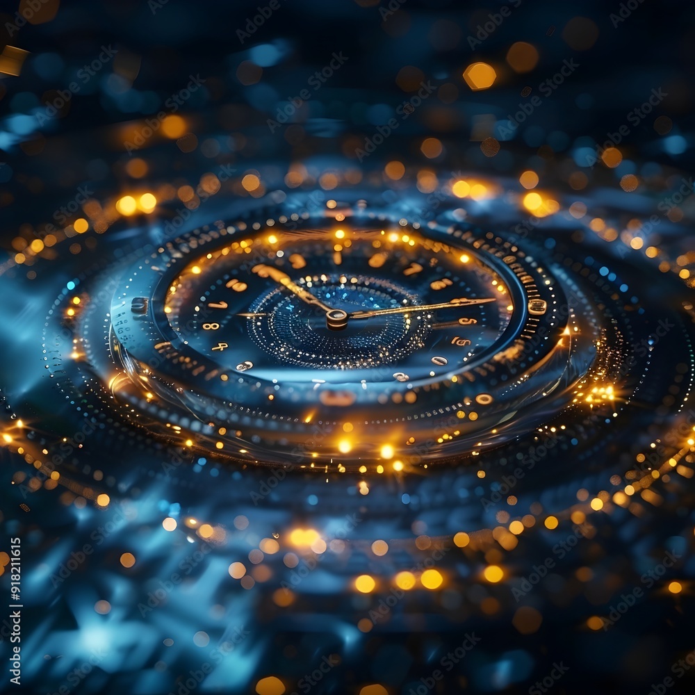 Poster mesmerizing futuristic timepiece floating in a glowing high tech dimensional environment