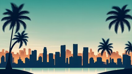 Miami skyline silhouette with palm trees for tropical urban theme