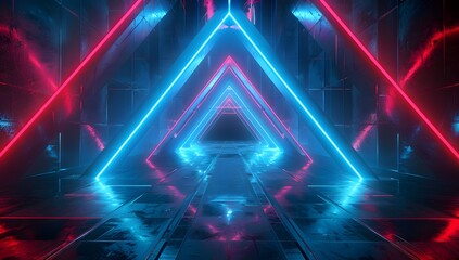 Naklejka premium 3d render, abstract futuristic background with neon blue and red light in dark room. Digital wallpaper for video game or motion design.