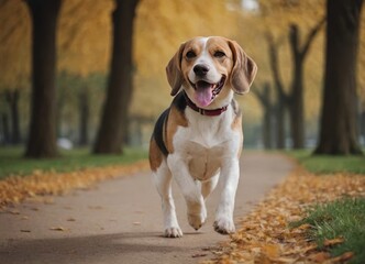 The beagle stands in the grass with his tongue sticking out. Breed dog portrait. Happy Dog on the walk in the park.
