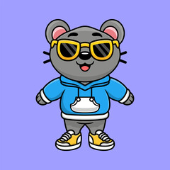 Fototapeta premium Cute mouse wearing hoodie jacket and wearing glasses cartoon animal