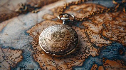 Antique Pocket Watch Lying on Vintage Map Revealing Intricate Mechanisms Time Concept with Copy Space