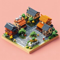 Isometric Village Scene with Colorful Houses and Cobblestone Street