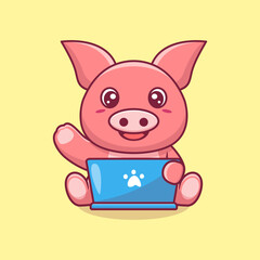Cute pig working on laptop cartoon vector illustration animal technology icon concept