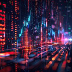 Fototapeta premium Abstract representation of a financial data chart with glowing lines, numbers, and futuristic elements in a digital environment.