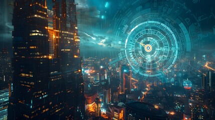 Futuristic Cityscape with Massive Holographic Clock Projected onto Skyscraper Time Concept