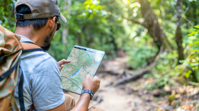 Hiker navigating a forest path with a digital tablet and map application
