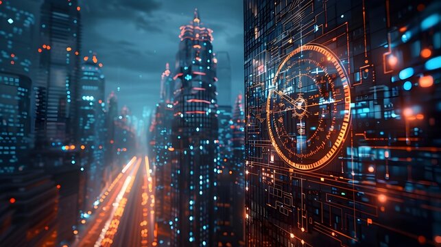 Futuristic Cityscape with Holographic Clock Projection on Skyscraper Time and Technology Concept - Powered by Adobe