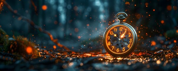 Magical Floating Pocket Watch in Mystical Forest with Glowing Numbers Time Concept